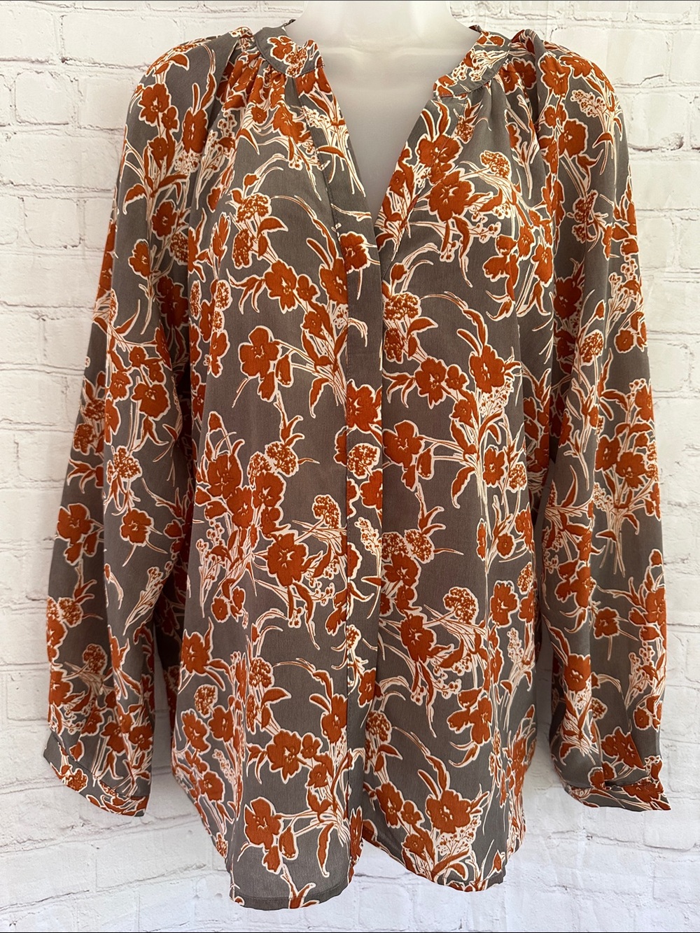 Bishop + Young Rust and Gray Floral Button Down Blouse size M
